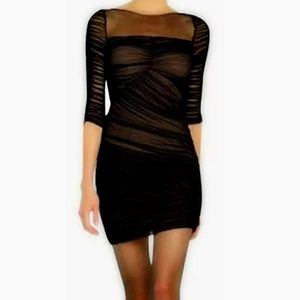 BCBGMaxAzria Black Danika Illusion Ruched Dress Medium